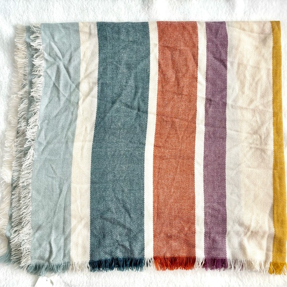 Cute Madewell decorative throw with blue yellow and brick colors and frayed ends - Picture 6 of 7